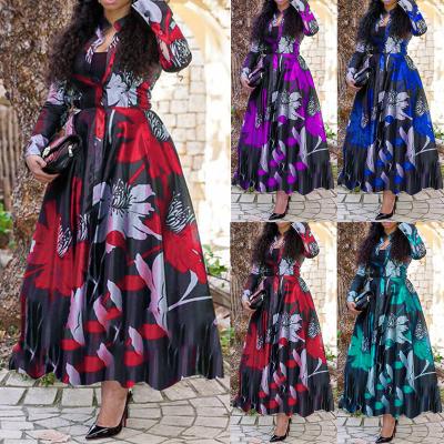 China Women's Long Lady Elegant Plus Size Dress Maxi Summer Floral Print Dresses New Arrival V-Neck Empire Sleeve Anti-Static Ruffle Long Sleeve for sale