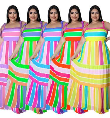 China New color stitched stripe pleated print loose anti-static oversized sleeveless casual off shoulder plus size dress for women summer dresses for sale