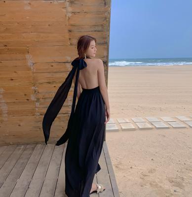 Cina Spaccatura chiffona nera con ampia scollatura sulla schiena della cinghia della capezza del collo a V del vestito dalla spiaggia del legame 136cm in vendita