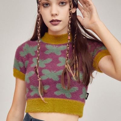 China Ernte-Spitzenstrickpulli-Jacquardwebstuhl-Woolen Strickjacken des kurzen Ärmels für Damen zu verkaufen