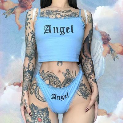 China Zweiteiliger sexy Mädchen-Angel Underwear Set Black Letter-Druck zu verkaufen