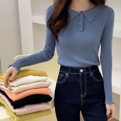 China Lapel Button Women Knit Sweater , Long Sleeve Knit Sweater for sale