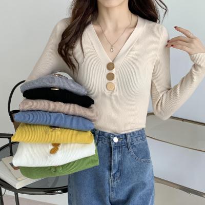 China Ladies Long Sleeve Pullover Deep V Neck Knit Sweater With Buttons for sale