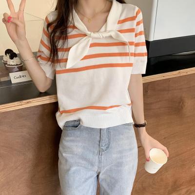 China Navy Collar Thin Retro Striped Women Knit Sweater Contrast Color for sale