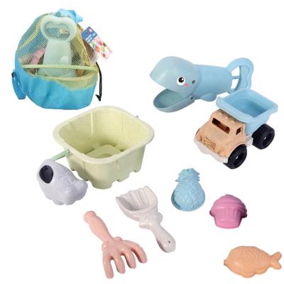 China For Kids Biodegradable Beach Toy Outdoor Toys For Kids 9 Piece Sand Toys Set Bucket With Mesh Bag, Shovels, Rakes, And Vehicle Model for sale