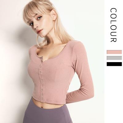 China Breathable High Quality Custom Long Sleeve Sport Tops Woman Gym Solid Color Bodycon Button Up Knitted Crop Top for sale