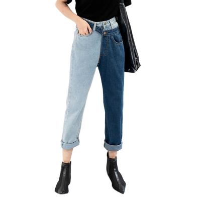 China Breathable Korean Style Two Tone Patchwork Wide Leg Washed Blue Cropped Jeans For Women for sale