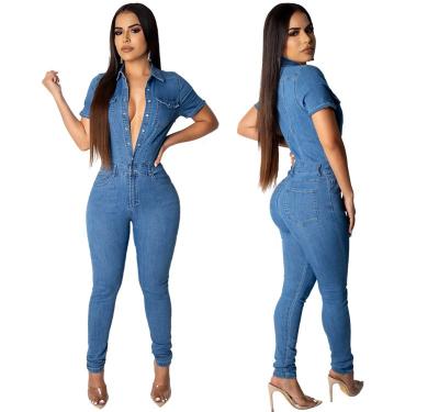 China European and American Breathable Women's Pants Elastic Blue One Piece Denim Jean Jumpsuit Women 2021 Women's Clothing for sale