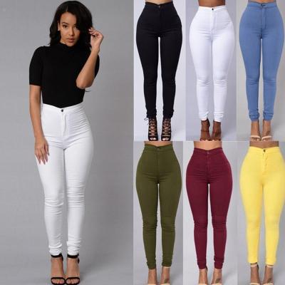 China Dropship viable candy color pencil pants wholesale high waist white ladies jeans stretch jeans for women for sale