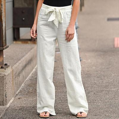 China QUICK DRY Plus Size Casual Women Pants Elastic Waist Solid Color Cotton And Canvas Belt Wide Leg Pants Loose Pants for sale