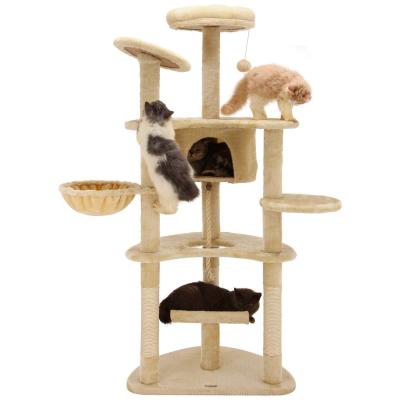 China Large Stocked Cat Scratching Tree House Outdoor Luxury Floor to Ceiling High Cat Tree Scratcher with Hammock for sale