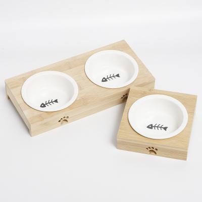 China Amazon Wooden Bamboo Frame Cat Dog Single Bowl And Pet Sustainable Hot Selling Double Ceramic Pet Bowl for sale