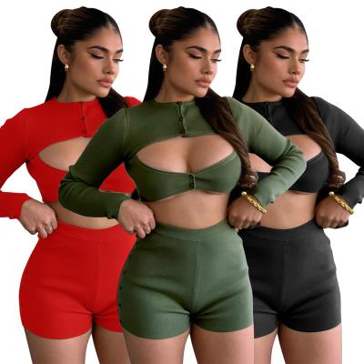 China 2022 Fashion New QUICK DRY Design Sexy Hollow Out Long Sleeve Solid Shorts Outfits Women Ribbed Knitted Slim Fit Shorts Two Piece Set for sale