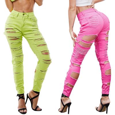 China Best Hole Design Sexy Waisted Jeans QUICK DRY Broken Water Wash High Tops 2021 Plus Size Jeans Pants Slim Fit Women Denim Pants for sale