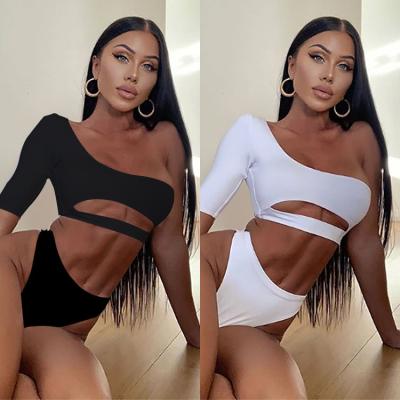 China 2022 New Women's Solid Color Breathable Sexy Bikini Split Swimsuit Swimming One-shoulder Knitted Triangle Short-sleeved Swimsuit for sale