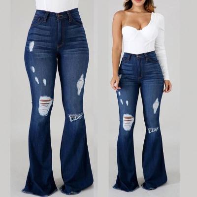 China 2022 Custom spring ripped hole rocket denim QUICK DRY pants elastic top plus size casual loose pencil fashion women jeans throw off cut off pants for sale