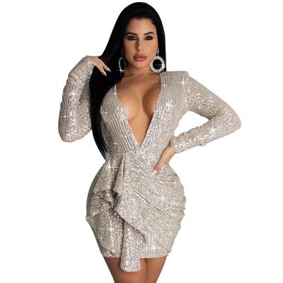 China Professional women's hip evening dress sexy tight-fitting dress workmanship V-neck breathable deep sequins halter for sale