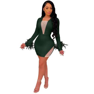 China New Arrival Fashion Breathable Spring Feather Patchwork Decor Women's Long Sleeve Casual Bodycon Dress Even Green Dresses for sale