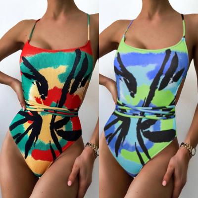 China 2021 New Europe Brazilian style breathable one-piece beachwear lace up waist swimsuits sexy color painting bikini swimwear for sale