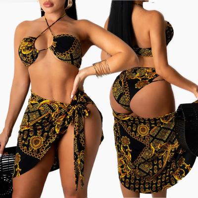 China Halter Brazilian Bandage Style Swimsuits For Women Swimwear Beach Wear 2021 Floral Swimdress 3 Piece Swimsuit Bikinis for sale