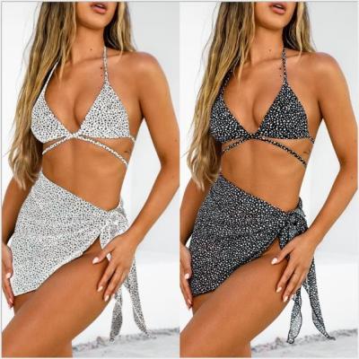 China Adult Women Triangle Bikinis 3 Pcs Set Leopard Halter Bandage Mature Lift Up Swimsuits Beach Wear Swimsuits For Women 2021 for sale