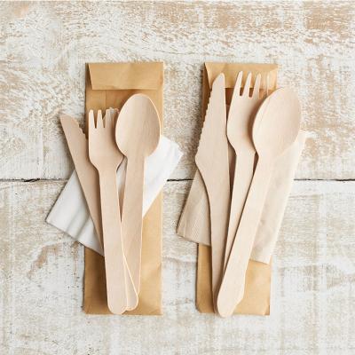 China Biodegradable Eco-Friendly Disposable Wooden Spoon Knife Fork Travel Tableware Birch Wood Cutlery Set With Napkin for sale