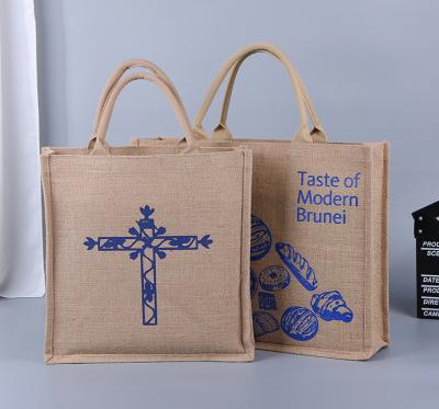 China Fashionable Custom Logo Large Capacity Flax Burlap Clothes Tote Promotional Linen Grocery Packaging Bag 100% Eco Friendly Jute Shopping Bags for sale