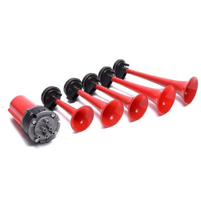 China Aluminum/ABS/Plastic OEM Custom Musical Horn Compressor 5 110dB 12V/24V Electric Red Pipe Air Horn For Air Horn Car/Truck/Vehicle for sale