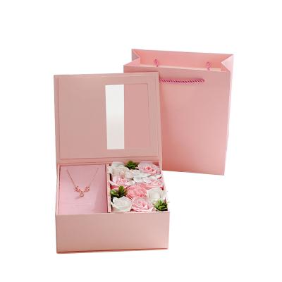 China Recyclable Red Valentine's Day Open Window Jewelry Gift Box Surprise Rose Soap Flower Box Watch Packaging Gift Box for sale