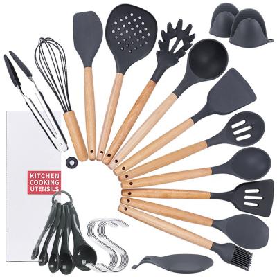 China Viable 11pcs 13 Pcs Non-Stick Silicone Cooking Utensils Set Spatula Set With Holder Handle Silicone Wooden Kitchen Instruments for sale