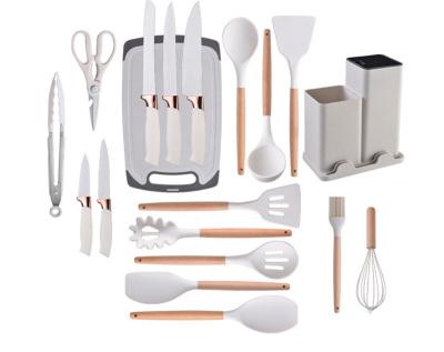 China 2023 Sustainable Home and Kitchen Silicone Cookware Set 19 Pieces Cooking Spatula Spoon Handle Wooden Cookware Non-Stick Storage Bin for sale