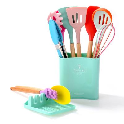 China 13 Pcs Macaron Viable Non-Stick Silicone Cooking Utensils Set Spatula Set With Holder Handle Silicone Wooden Kitchen Instruments for sale