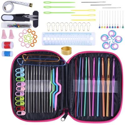 China 100pcs Convenient DIY Aluminum Crochet Hook Kit High Quality Crochet Hook Set Needles Crochet Knitting Tool Sewing Kit Set Crochet Bag for Start for sale