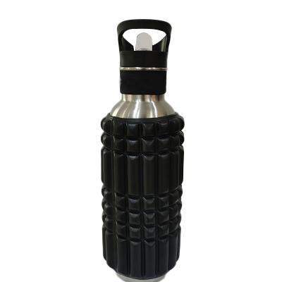 China Black 750ml Multifunctional Drinks Water Bottle With Foam Roller Stainless Steel GYM Sports Water Bottles EVA Massage Points for sale