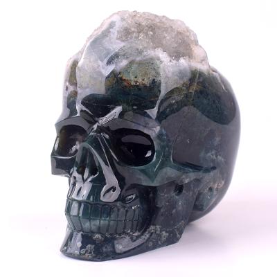 China Europe High Quality Customized Hand Carved Life Size Crystal Geode Moss Agate Carving Aquatic Skulls Agate Skulls For Sale for sale