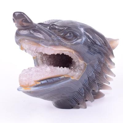 China Handcrafted Druzy Gemstone Agate China Supplier Geode Crystal Wolf Head Animal Figurine for sale