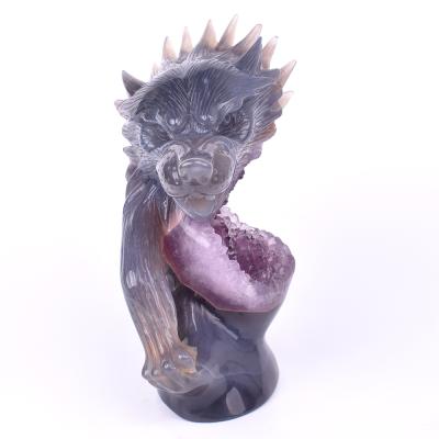 China China Exquisite Hand Carved Agate Amethyst Geode Carved Statue Crystal Wolf Skull for sale