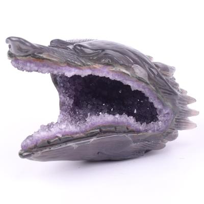 China China Exquisite Hand Carved Agate Amethyst Geode Carved Statue Crystal Wolf Skull for sale