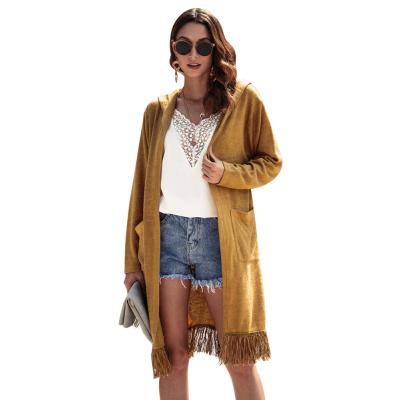 China 2021 Anti-wrinkle women's autumn and winter solid color mid length long sleeve cardigan hooded jacket for sale