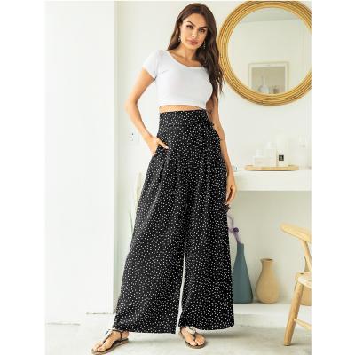 China QUICK DRY Printed Wavelet Dot Pants High Waist Casual Loose Bow Knot Wide Leg Pants for sale