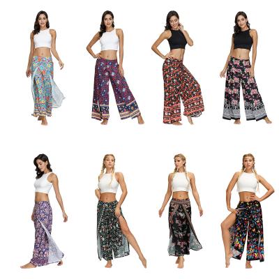 China Anti-wrinkle pants for ladies floral women's casual slit wide leg pants shape straight street style leg pants for sale