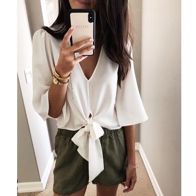 China New Anti-pilling Factory Stock Women's Solid Color Deep V Shirt Three Quarter Sleeve Shirt for sale