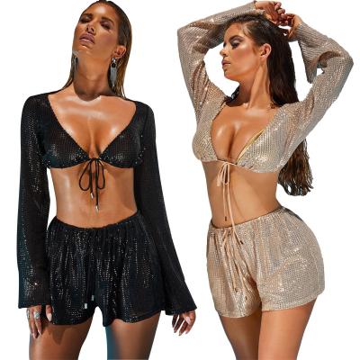 China 2021 summer breathable Europe and the United States new fashion sexy women's sequined two-piece swimsuit smoking casual suit sports for sale