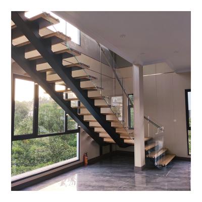 China Modern Commercial Double Stringer Steel Wood Stairs Open Riser Staircase Design with Glass Fence Building Style for sale