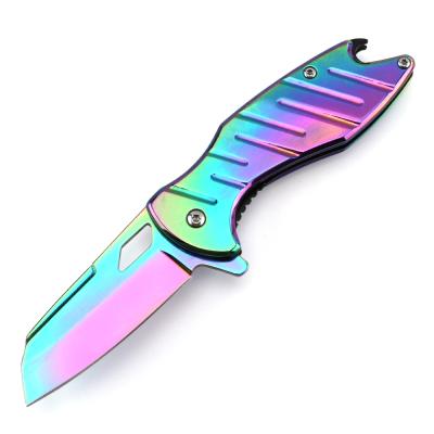 China Non-variable Rainbow Pocket Knife Stainless Steel Titanium Folding Knife With Bottle Opener Small Pocket Clip Knife Self Defense Camping EDC for sale