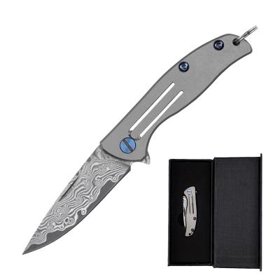 China High Durability Folding Pocket Damascus Blade Titanium Alloy Handle Key Chain Camping Outdoor Knife for sale