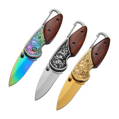 China Wooden Open Slide Handle Color Titanium Coated Key Chain Outdoor Small Survival Camping Pocket Knife for sale