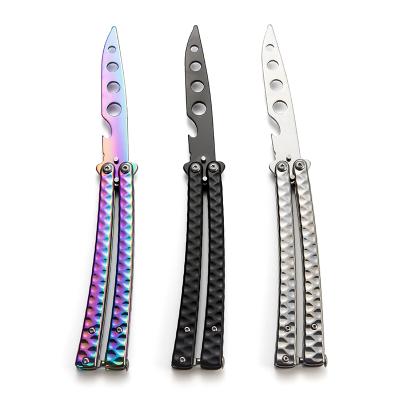 China Butterfly Folding Non-variable Pocket Knife with Hammered Handle and Bottle Opener Blade Swing Knife Balisong Trainer for Bartender Waiters for sale