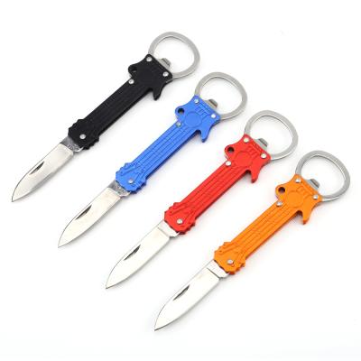 China Guitar Style Non-variable Handle Key Chain Knife Aluminum Self-Defense With Small Bottle Opener Box Cutter Folding Knife EDC Instrument Women for sale