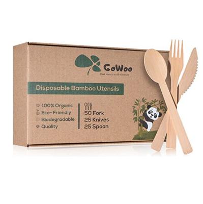 China 100 pcs biodegradable compostable eco-friendly dinner dinnerware bamboo spoon fork knife cutlery/flatware set for sale